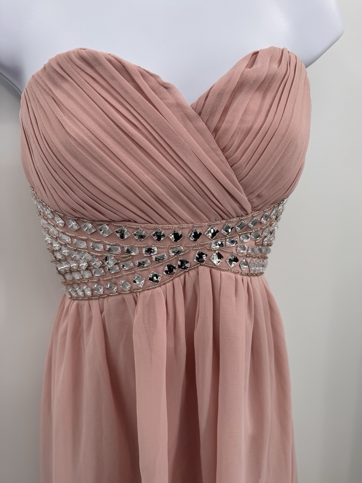 Y2K Izabel London Strapless Party Dress Size 8 Chiffon Light Pink Rhinestones
