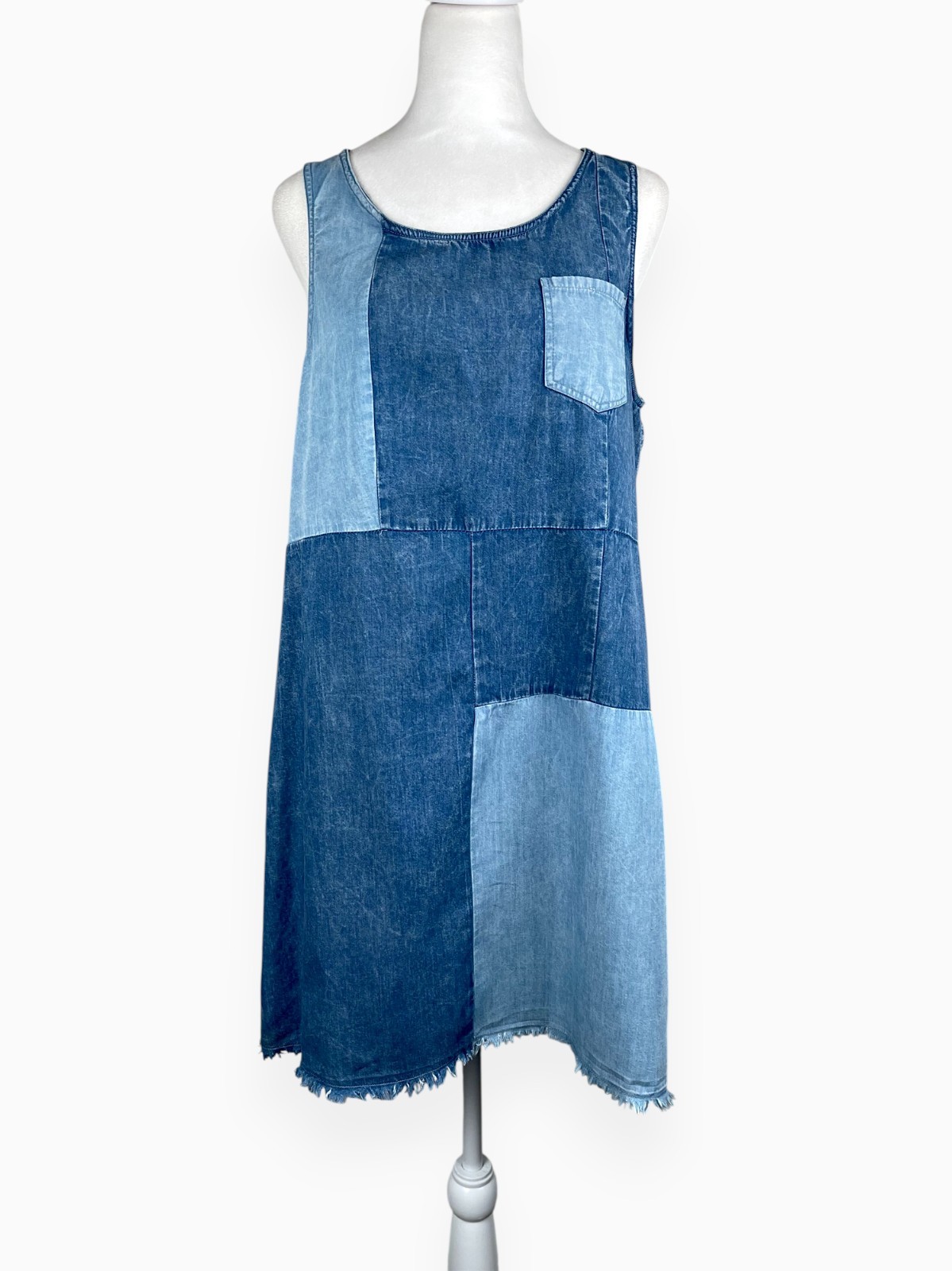 True Craft Patchwork Denim Dress Two-Tone Raw Hem Sz L