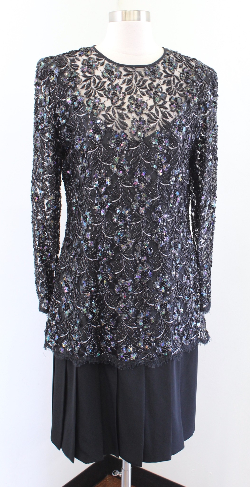 Vtg Liancarlo Black Floral Lace Sequin Beaded Pleated Cocktail Party Dress Sz 12