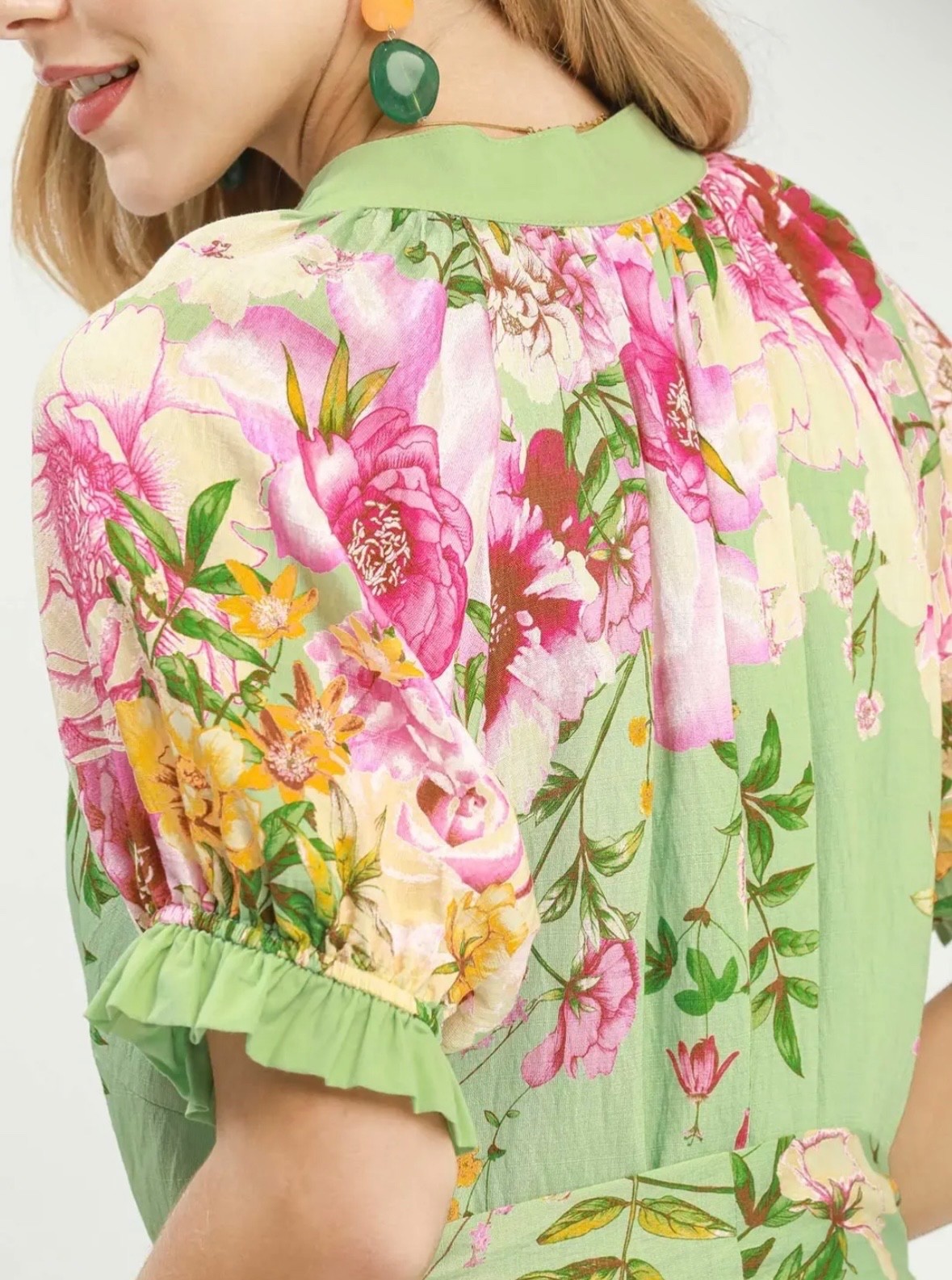 Umgee Floral Border Print Midi Dress Sage Mix Belted Boho Pockets Women’s NWT