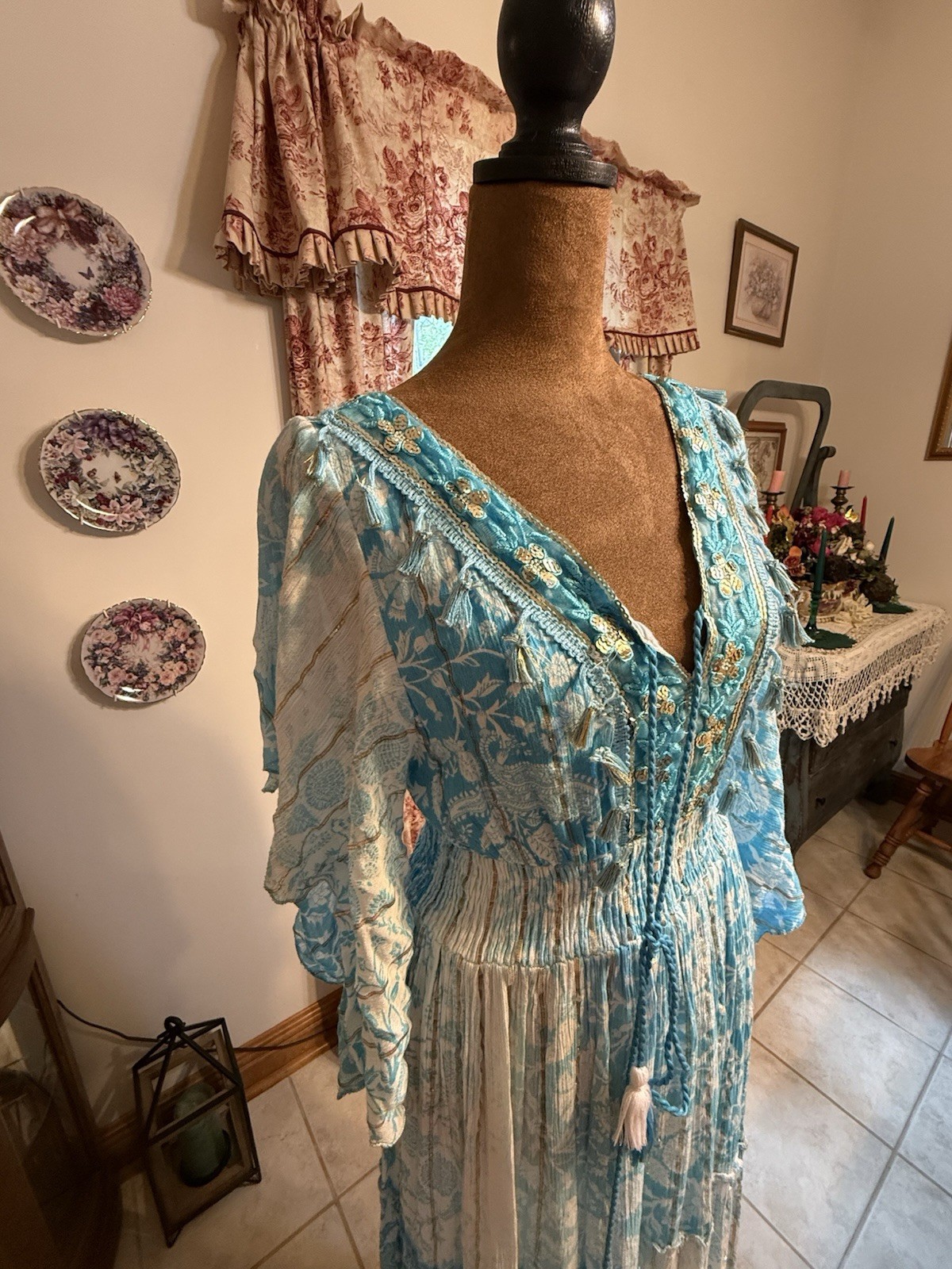 Blue White Boho Maxi Dress Size M Embroidered Lace Tassel Cottagecore Beach
