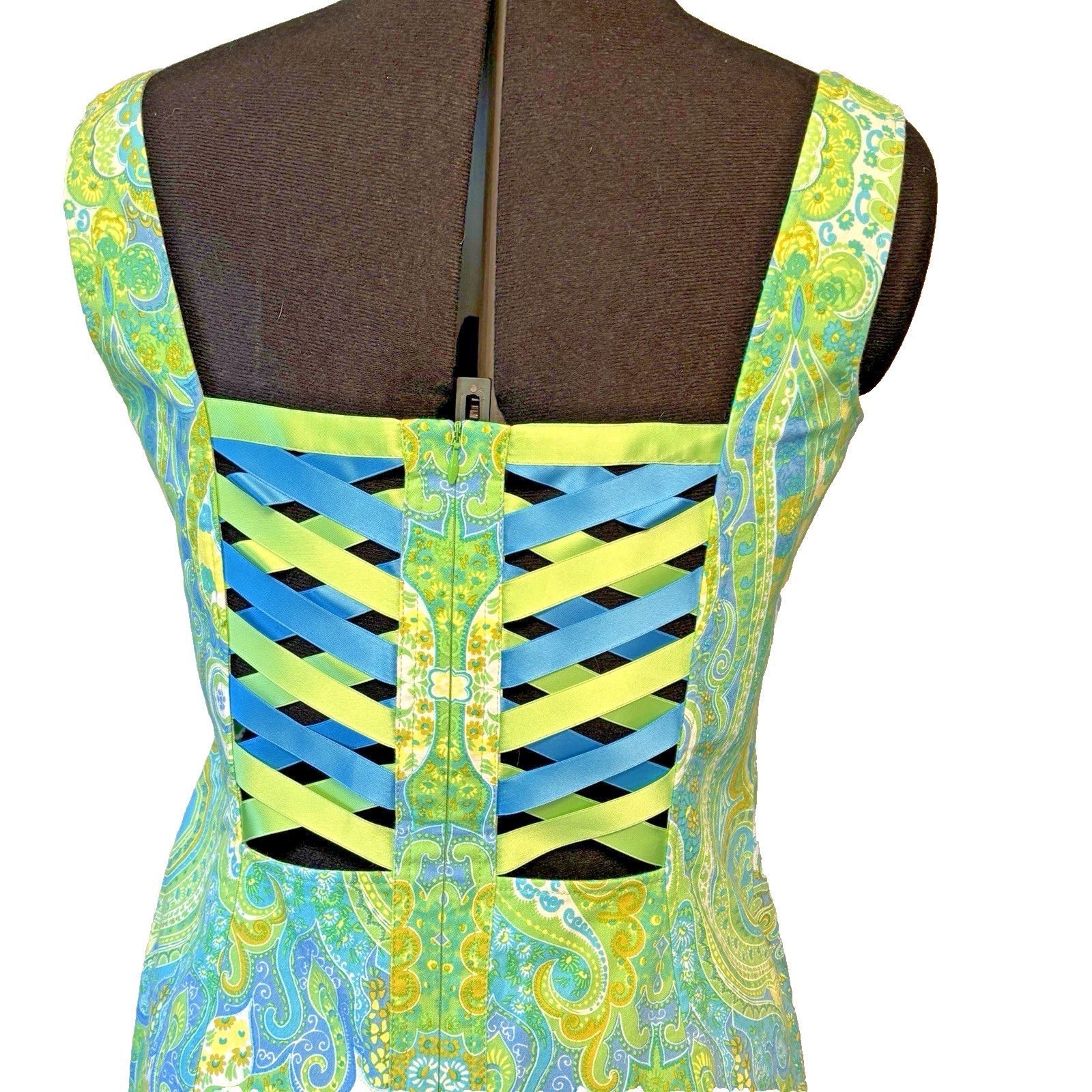 Escada Women’s EU40/US8 Dress Back Ribbon Detail Blue Green Sleeveless Cotton