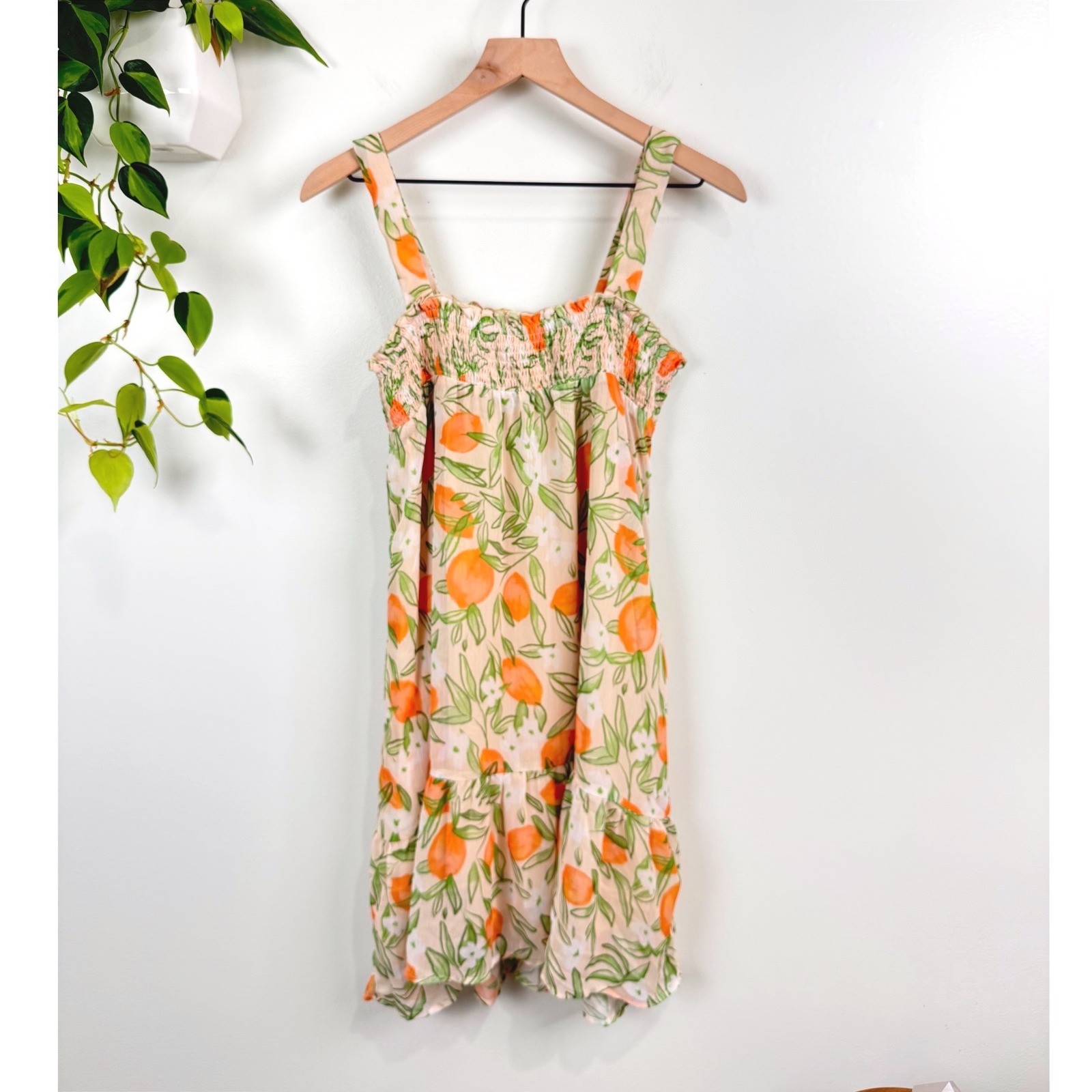 Sadie & Sage Orange Blossom Smocked Mini Dress Peach Citrus Print M Cottagecore
