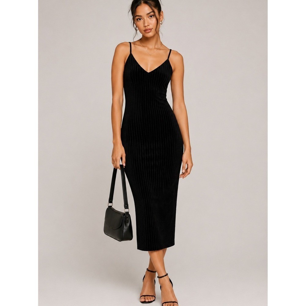 Forever 21 Black Ribbed Velvet Feel V-Neck Cami Midi Dress Size Small