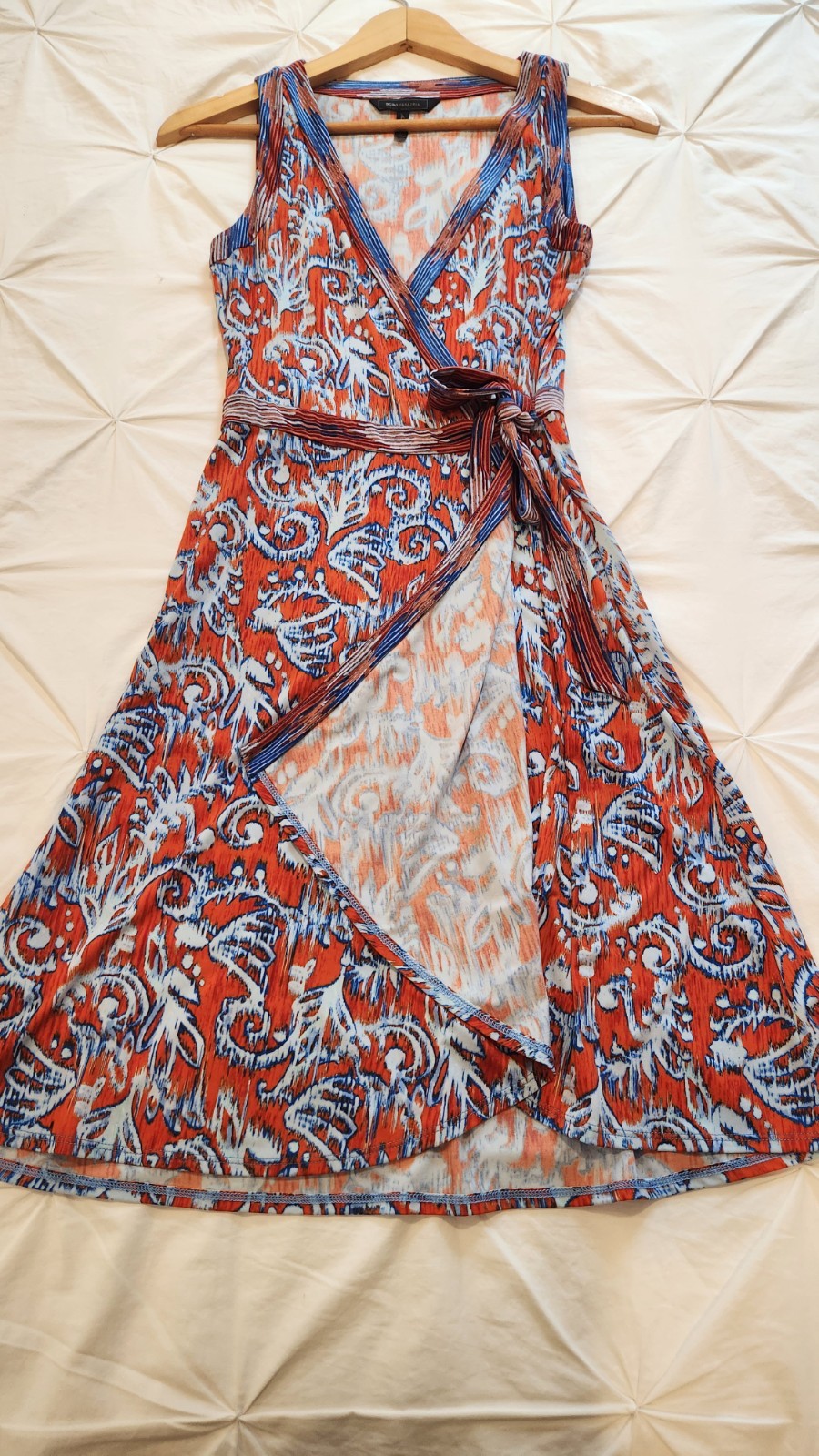BCBGMAXAZRIA Orange Blue Ikat Print Hallee V-Neck Wrap Tie Dress Size XS