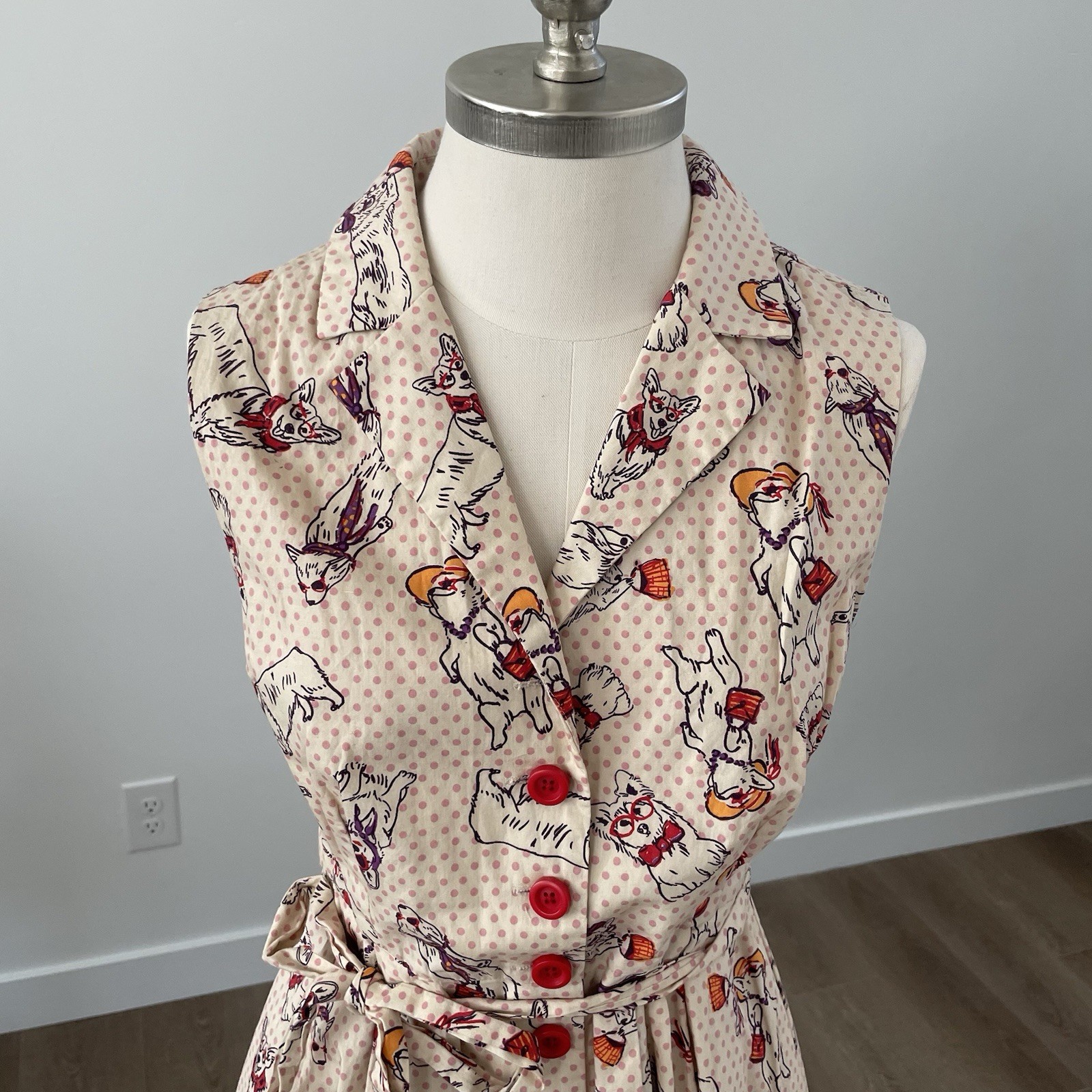 MODCLOTH Cream Polka Dot Community Brunch Bespeckled Corgi Dress MED With Belt