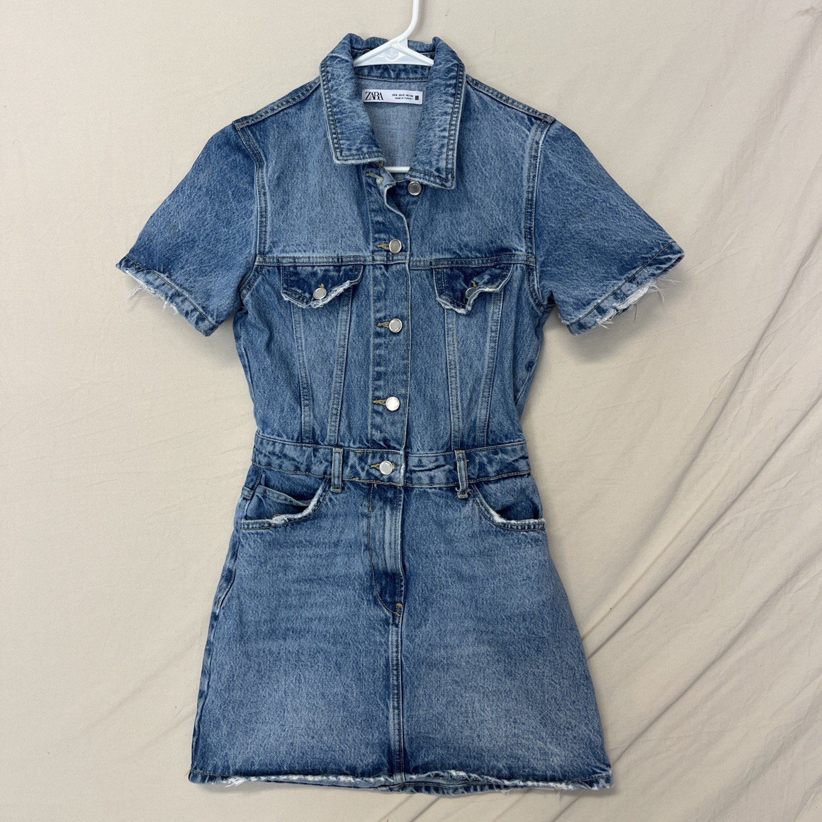 Zara Denim Short Sleeve Distressed with Button Front Size Small
