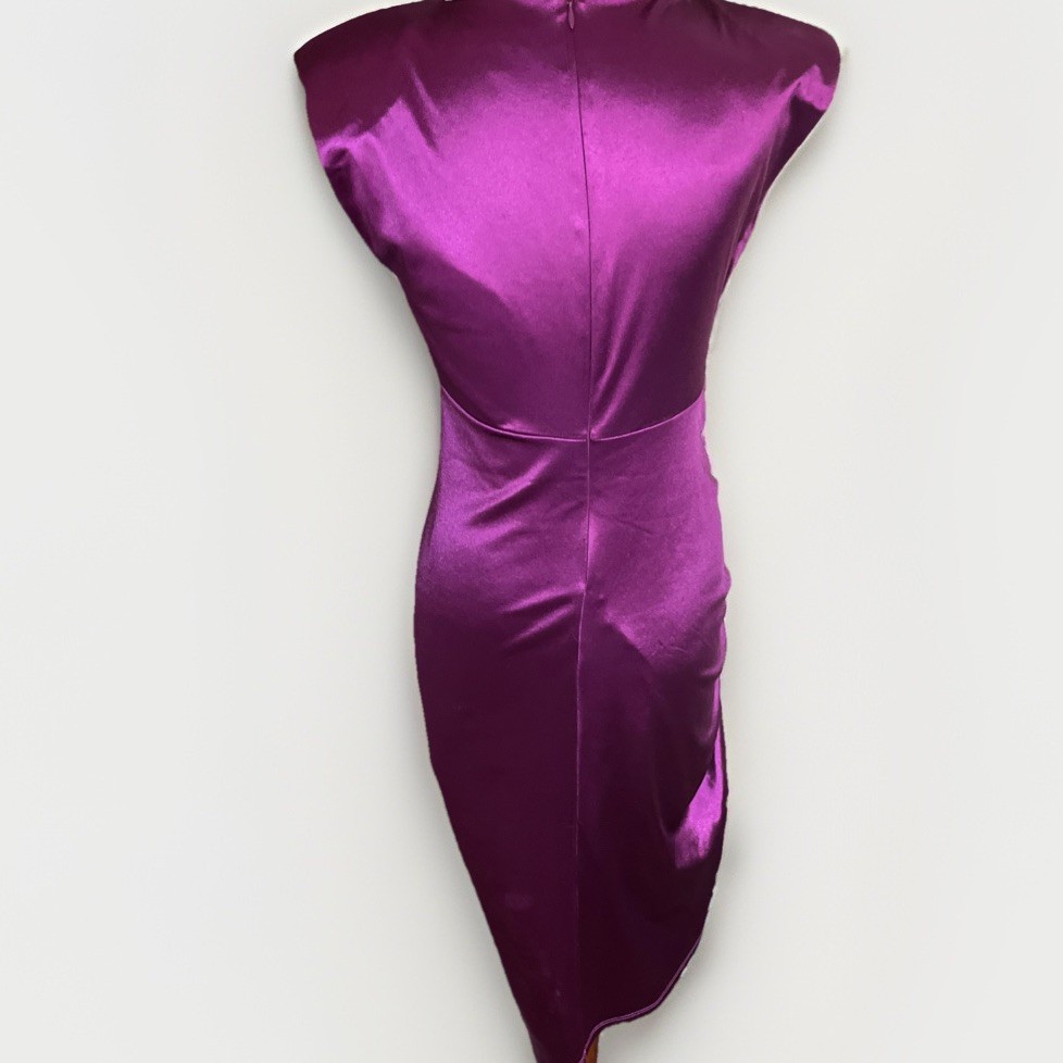 Purple Express Satin Padded Shoulder Ruched Asymmetrical Mini Dress Small