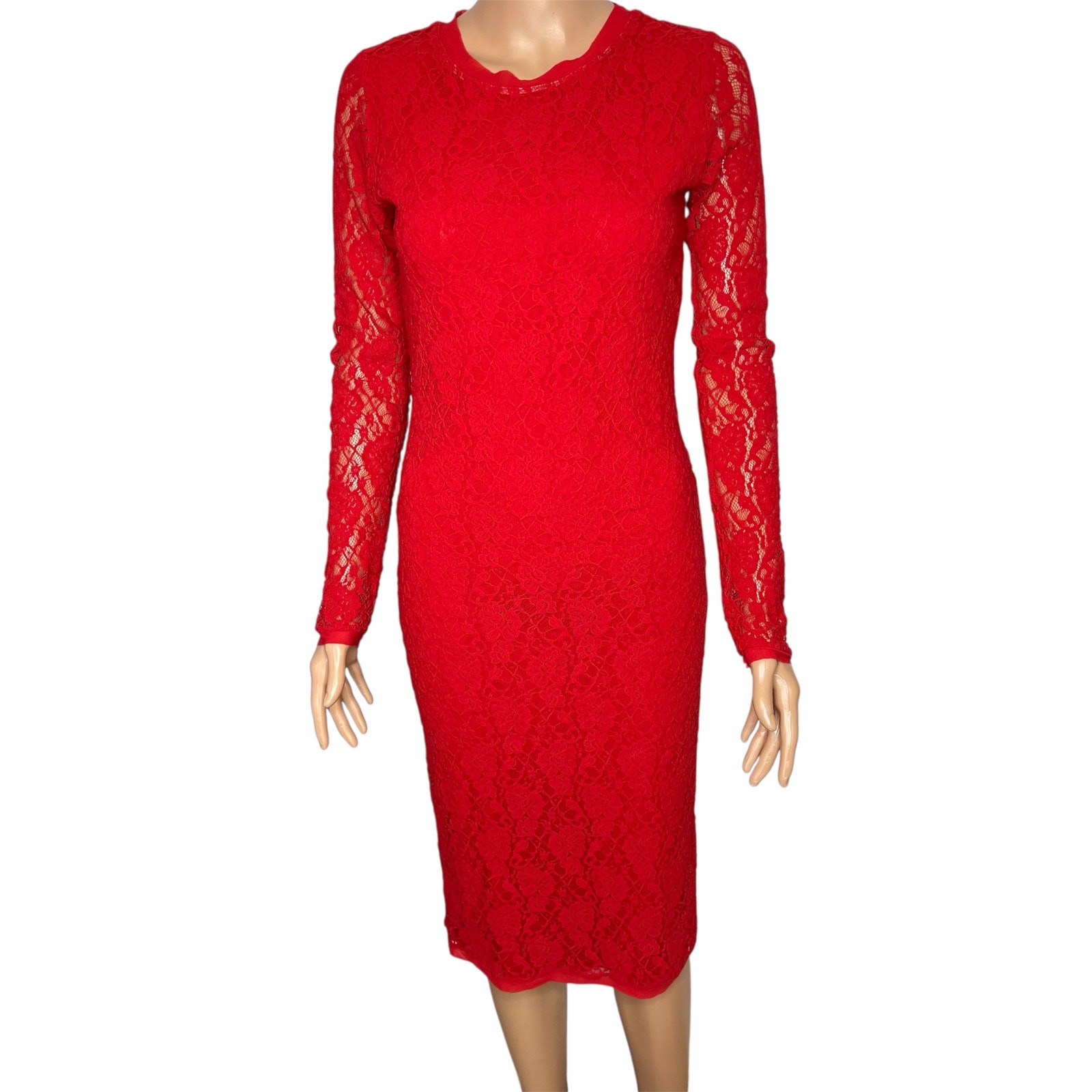 Fuzzi Long Sleeve Solid Lace Dress Midi size Large Red Bodycon
