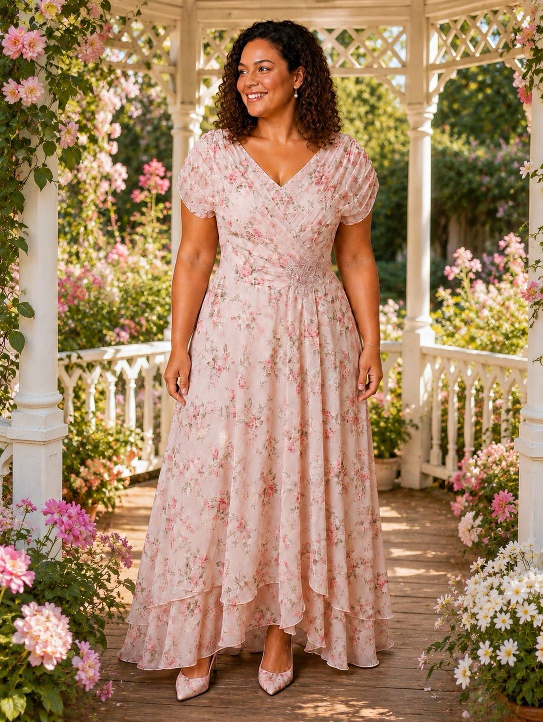 #2-13 Pink Floral Chiffon V-Neck Layered Beaded Zip Maxi Dress Women’s Size 16
