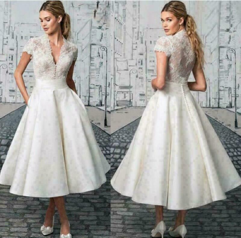 Womens White Lace Bride Dress V-neck Tea Length Gowns Wedding Party Fashion Sexy