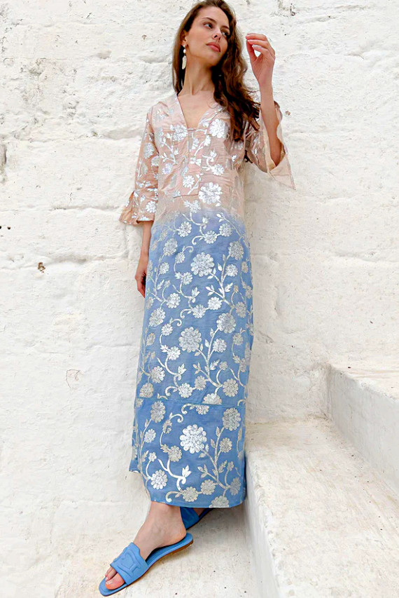 DEBBIE KATZ Delfi Long Metallic Block Print Tunic Dress Beige/Blue sz S $114