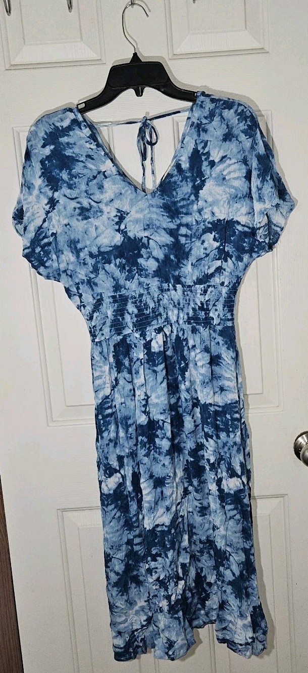 BeBop A-Line Dress Smocked Elastic Waist Blue Tie Dyed Midi Summer Beach Sz M