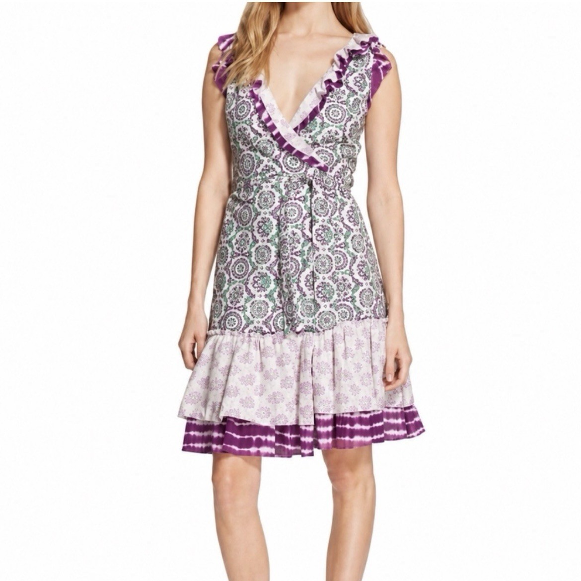 Diane Von Furstenberg Designer Judette Green Purple Mixe Ruffle Wrap Midi Dress