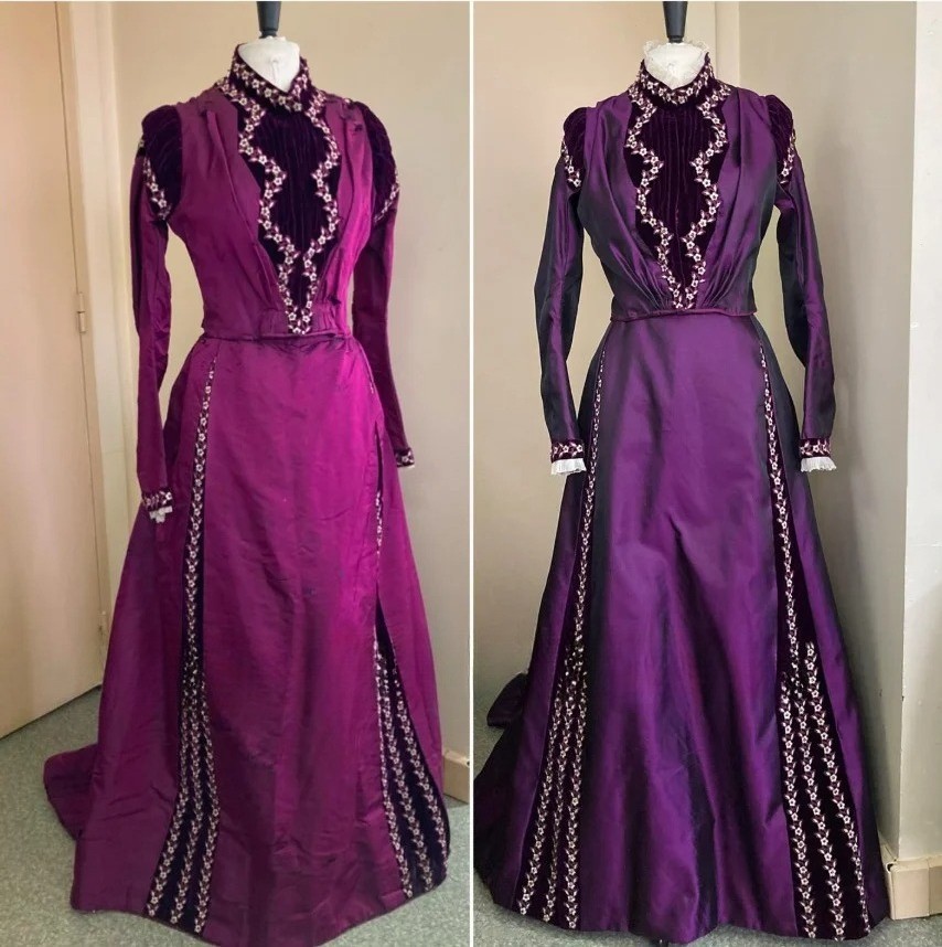 Late 19th Century Basel High-Neck Evening Gown Customized Deep Purple Formal