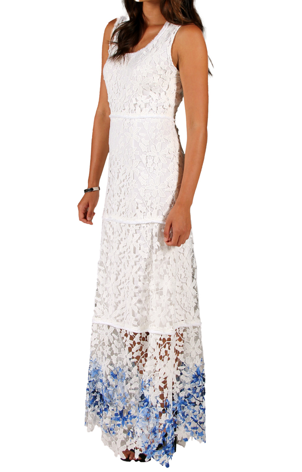 Elie Tahari Adelaide White Floral Lace Maxi Dress w/Azure Ombre Hem Size 4