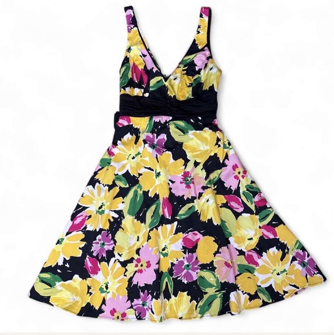 B. Smart Fit & Flare Floral Dress Black/Yellow/Pink/Green V-Neck Zip 10