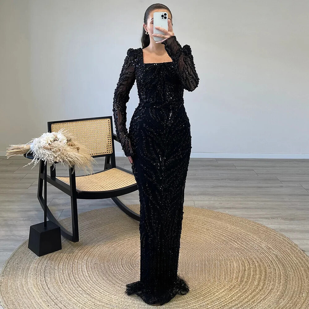 Shinny Olive Green Mermaid Evening Dress Customized Square Neck Long Sleeves HOT