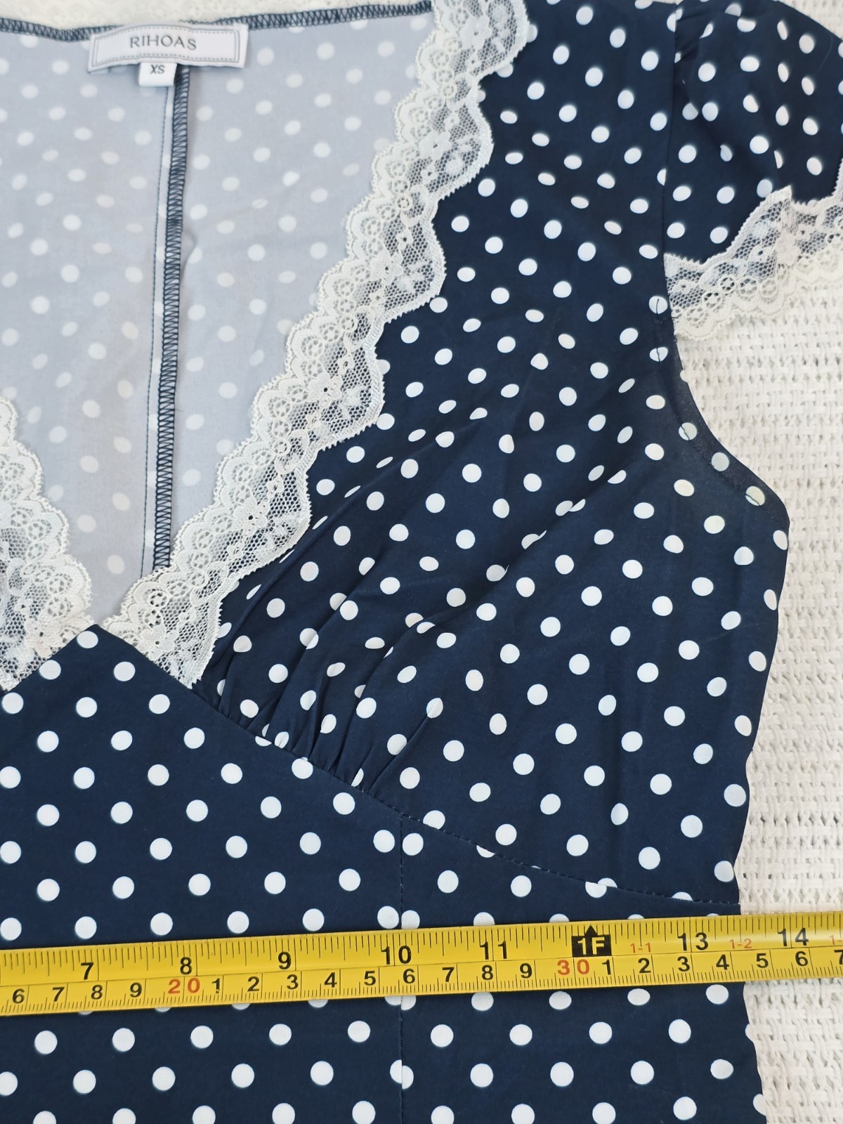 RIHOAS Navy White Polka Dot Lace Trim V-Neck Maxi Dress XS Short Sleeve