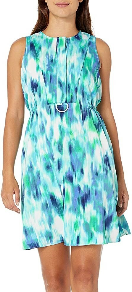Ellen Tracy 243698 Womens D-Ring Sleeveless A-Line Dress Waves/Ink Combo Size 14