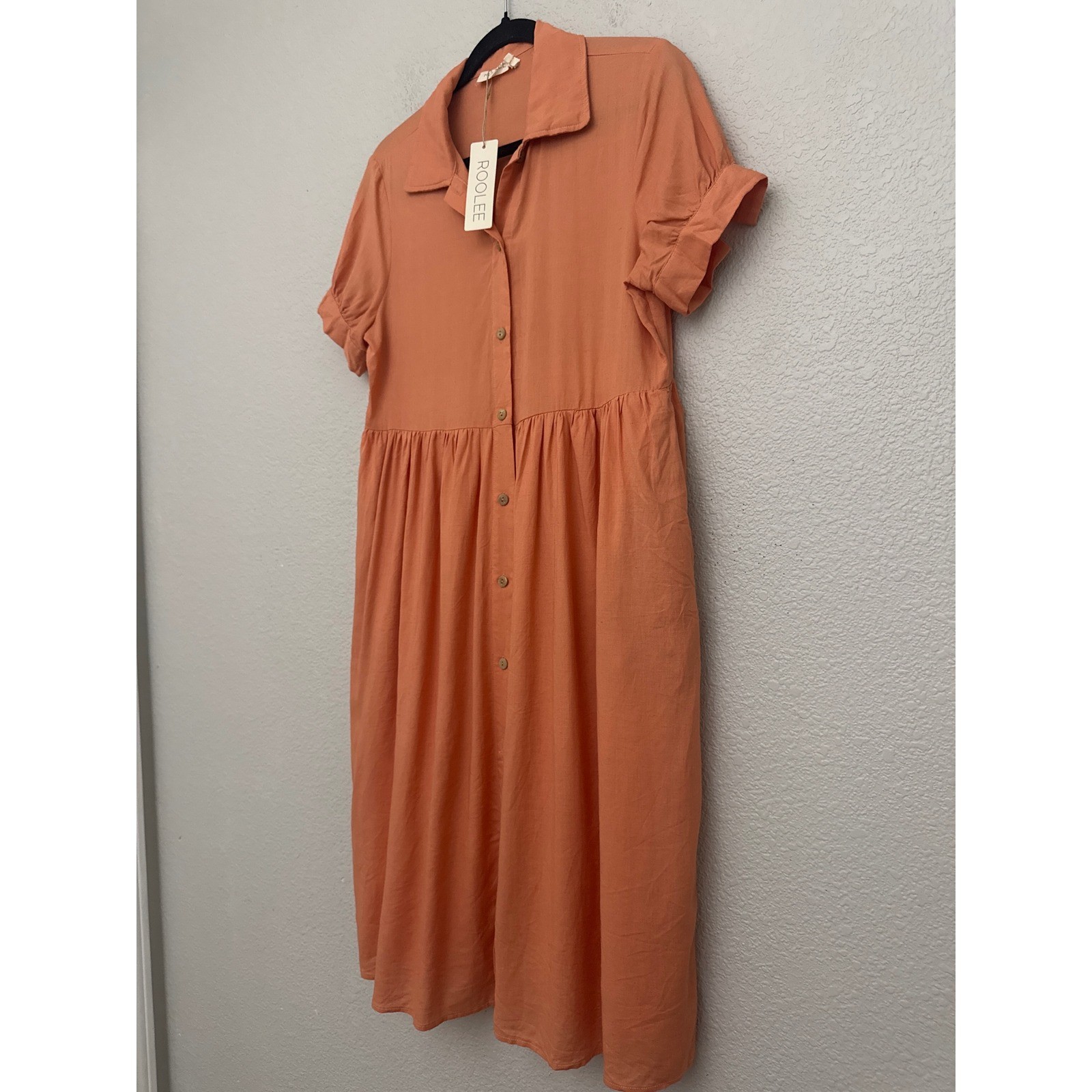 NWT Roolee Button Front Dress Orange Babydoll Short Sleeve Linen Blend Medium