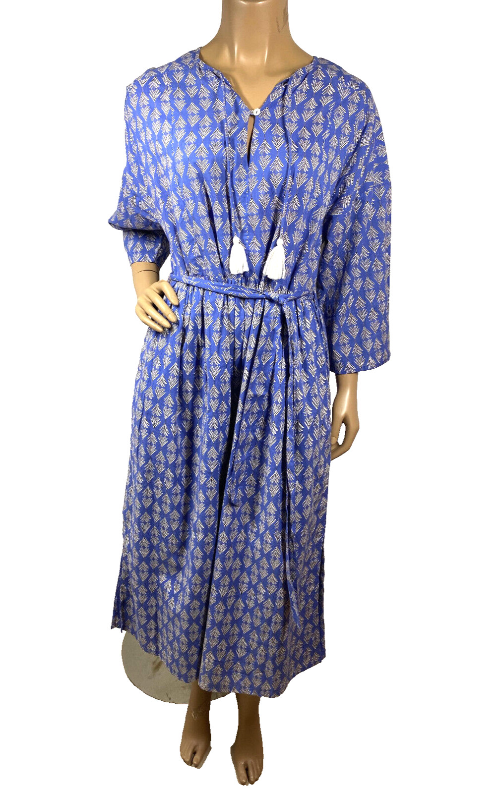 Graymarket Designs Hand Block Printed Dress Size S/M Blue Keyhole Neck Belted