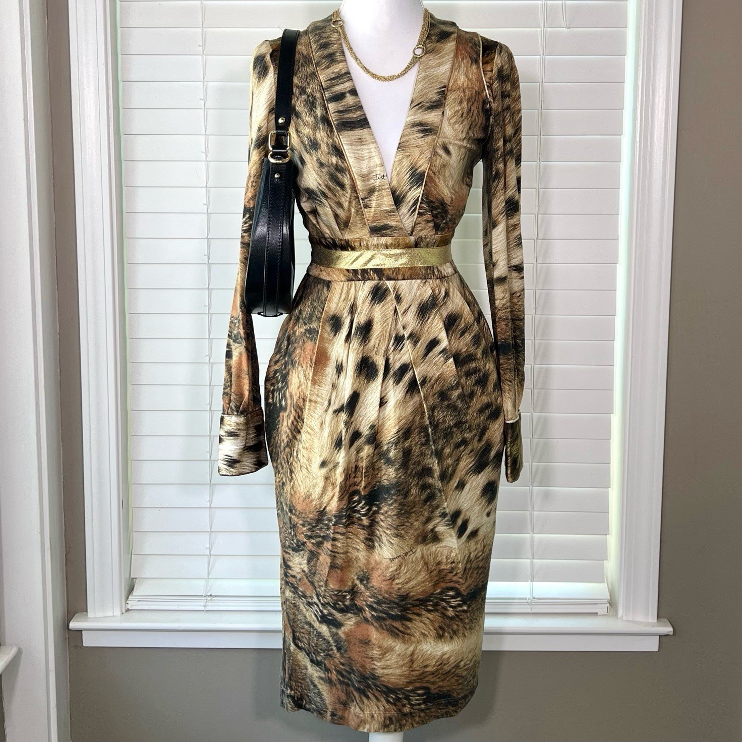 Y2K vintage Just Cavalli Animal Print Satin V-Neck Sheath Midi Dress Long Sleeve