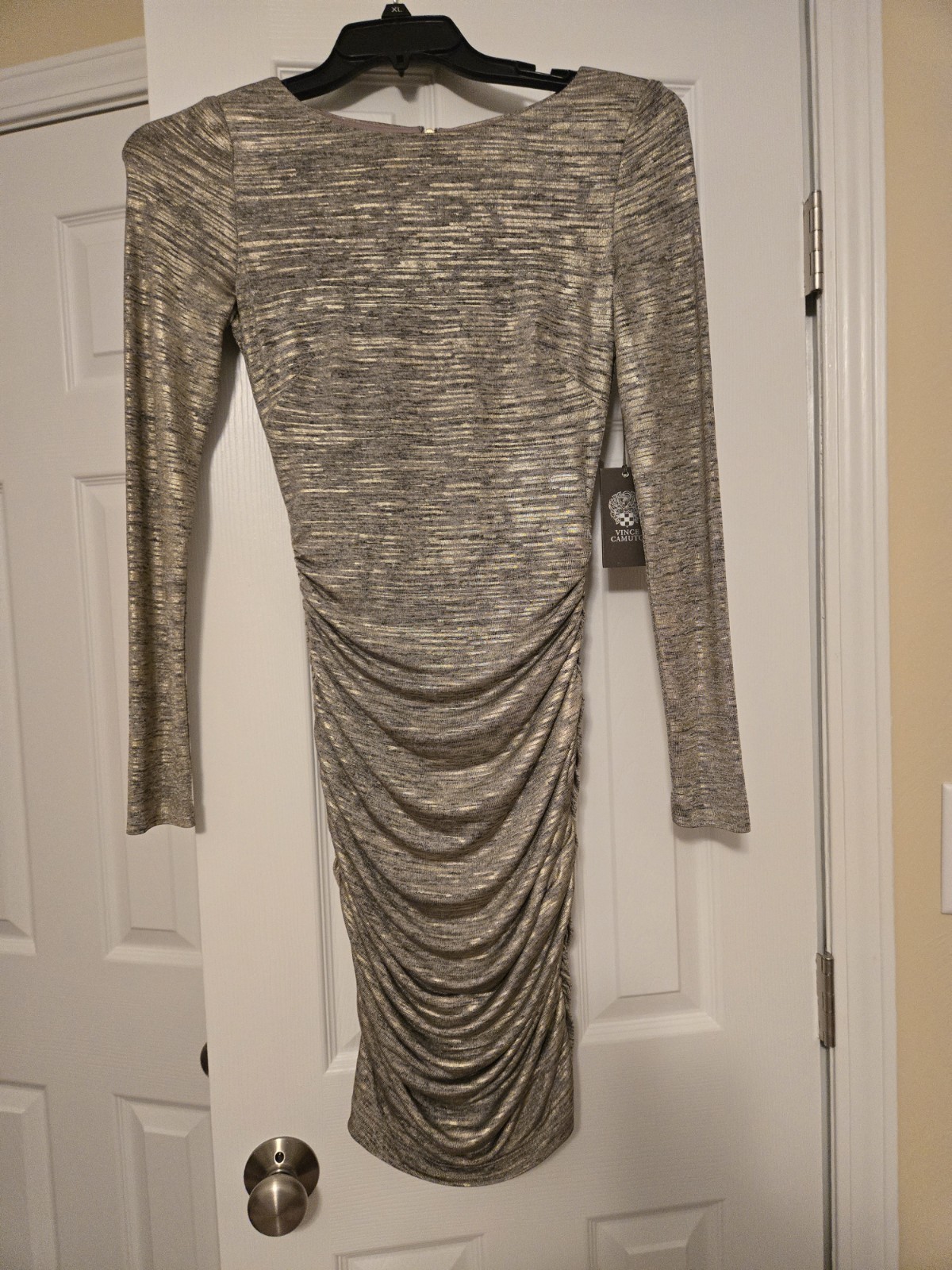 Vince Camuto Womens Gold Gray Metallic Ruched Lined Zip Sheath Dress Size0