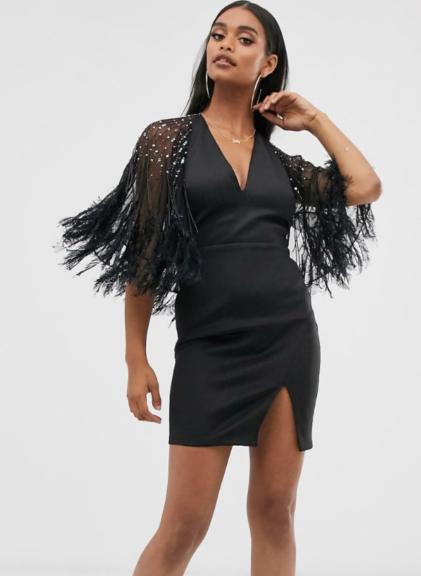 NWT ASOS DESIGN Black Faux Feather Beaded Cape Mini Halter Dress Sz 6