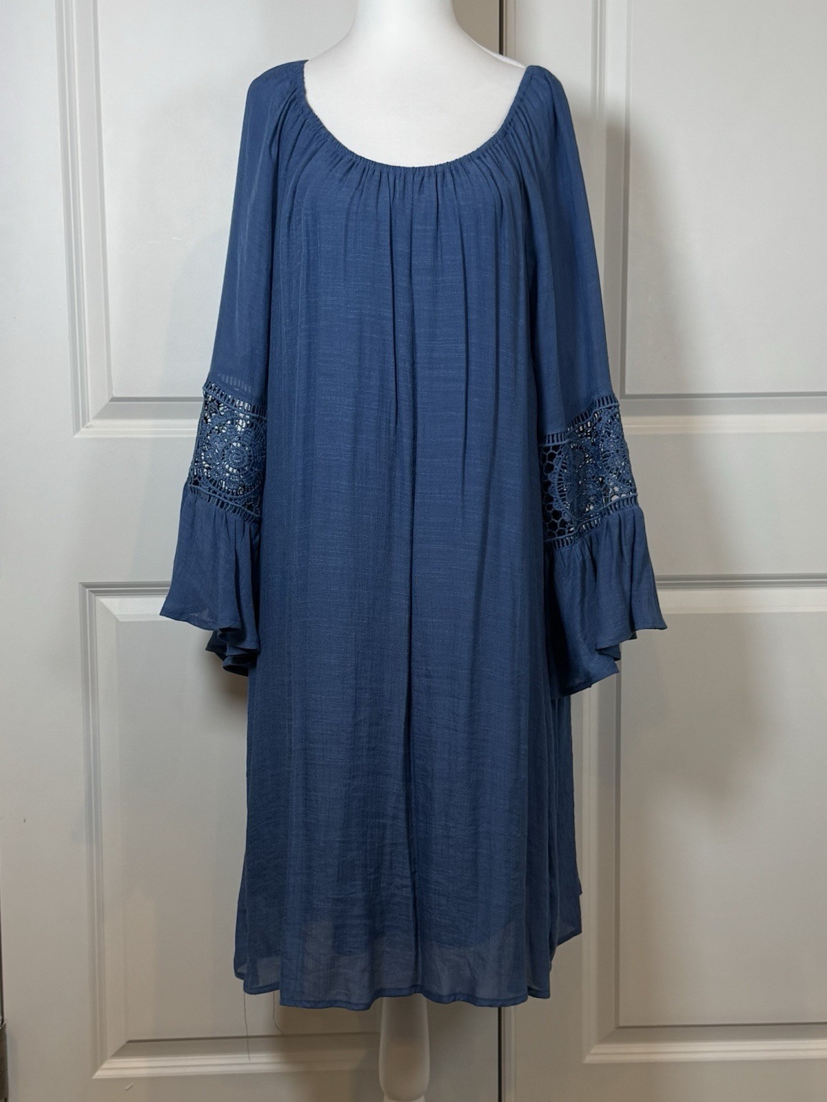 Indigo Rose 2X Blue Boho Peasant Tunic Dress Crochet Bell Sleeve Lined Flowy