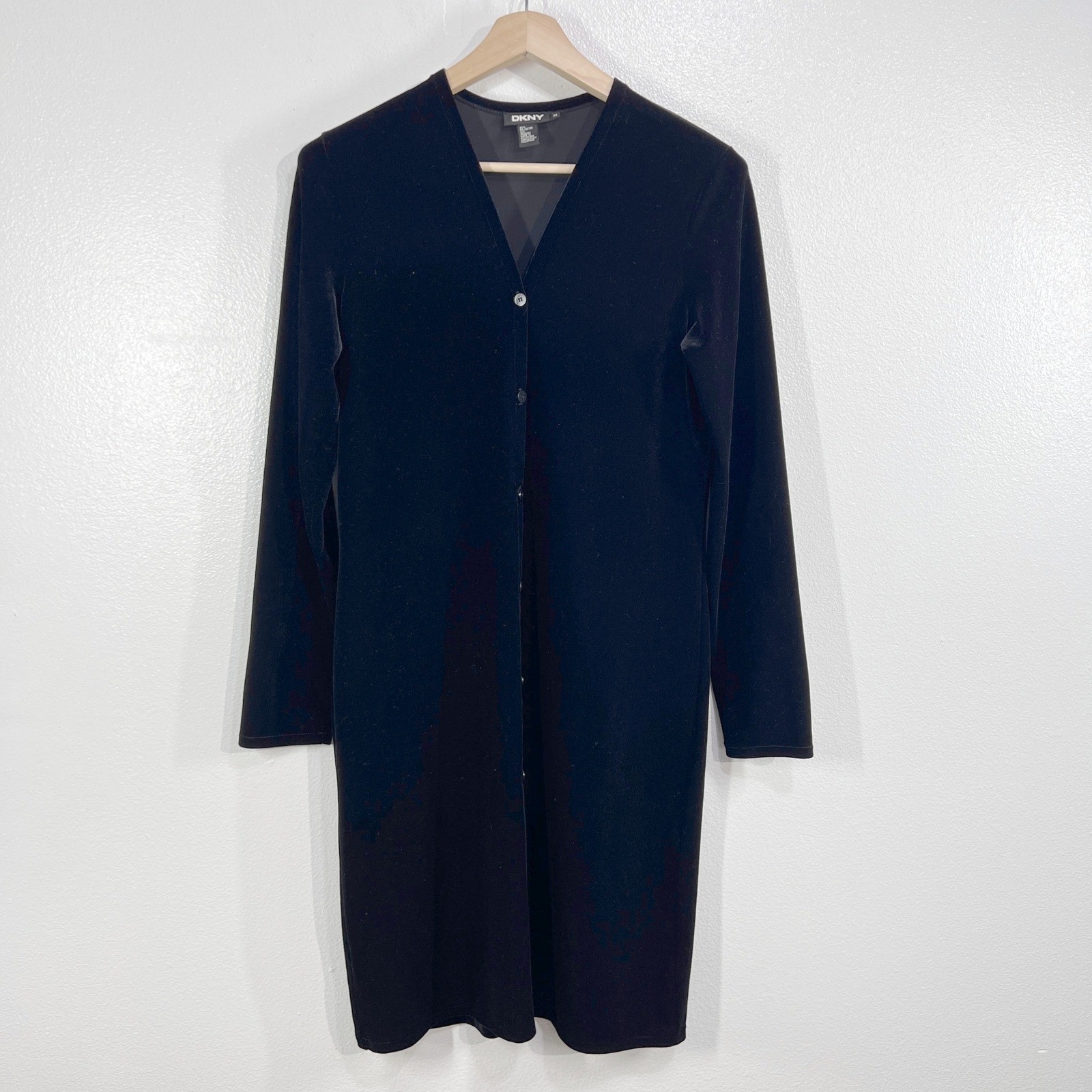 DKNY Velvet Button Front Dress Black Long Sleeve Knee Length Minimalist Medium