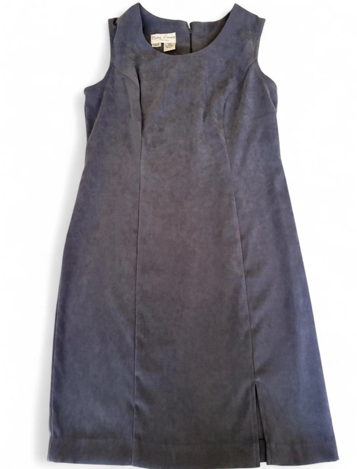 Vtg Betsy Lauren Gray Solid Scoop Neck Sheath Dress Slit Zip Petite 6