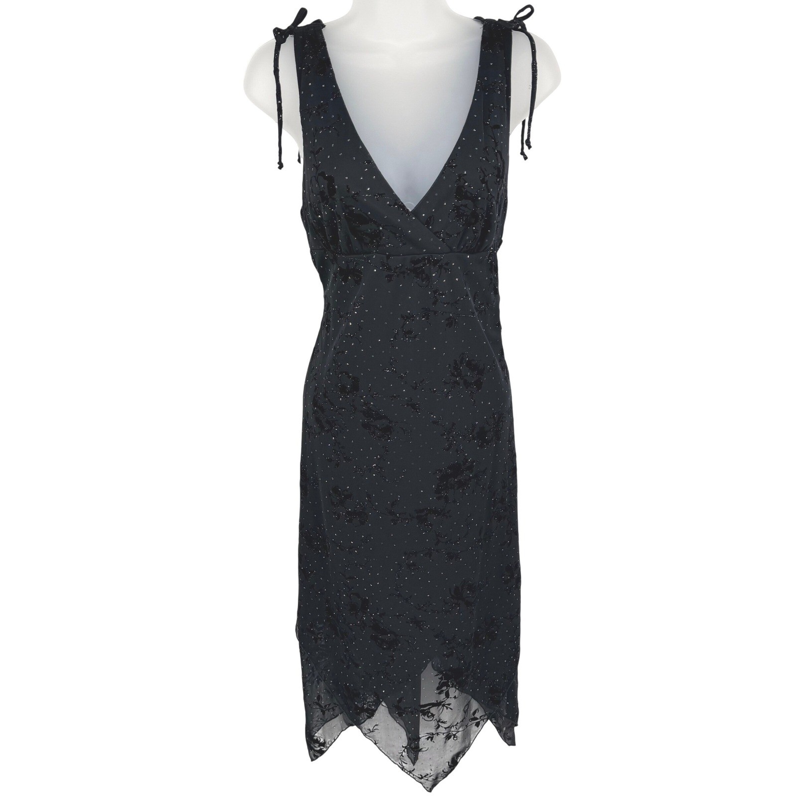 VTG Y2K City Triangles Dress Women L Black Sheer Floral Velvet Fairy Whimsigoth