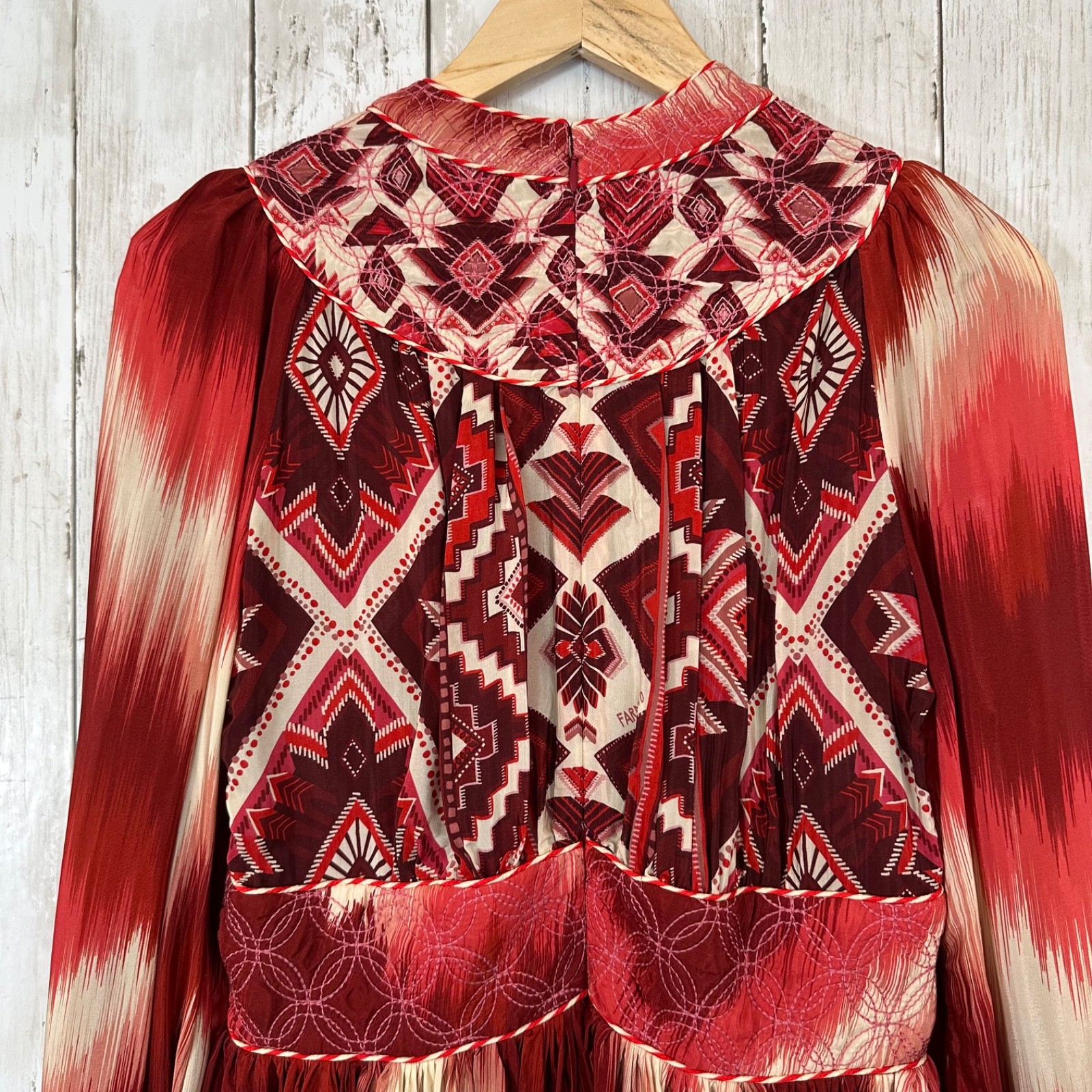 Farm Rio Ikat Boho Quilted Embroidery Puff Sleeve Mini Dress Size S Festival 70s