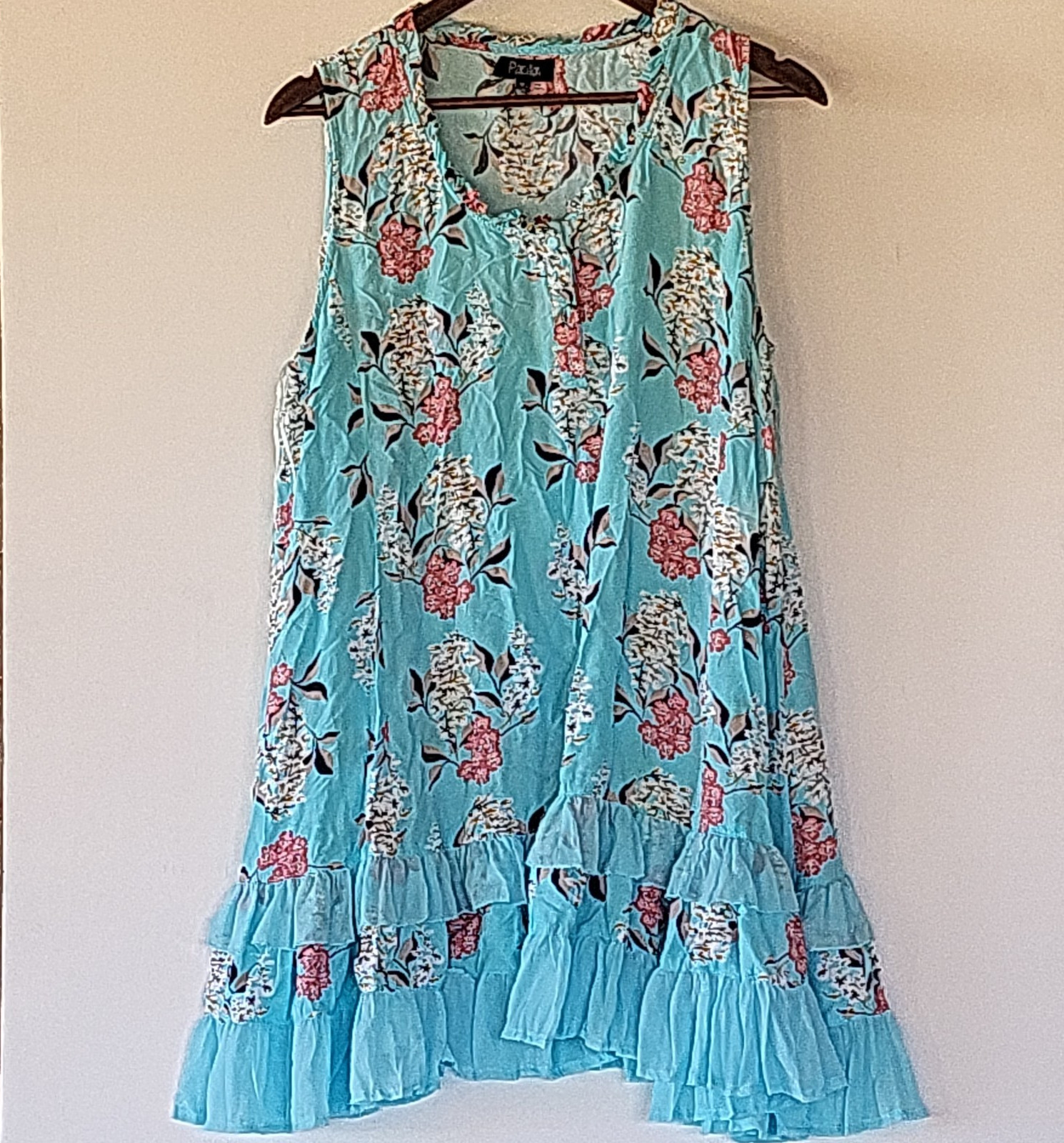 Papillon Ruffle Hem Sleeveless Dress Women’s XL Floral Lightweight Aqua Mint