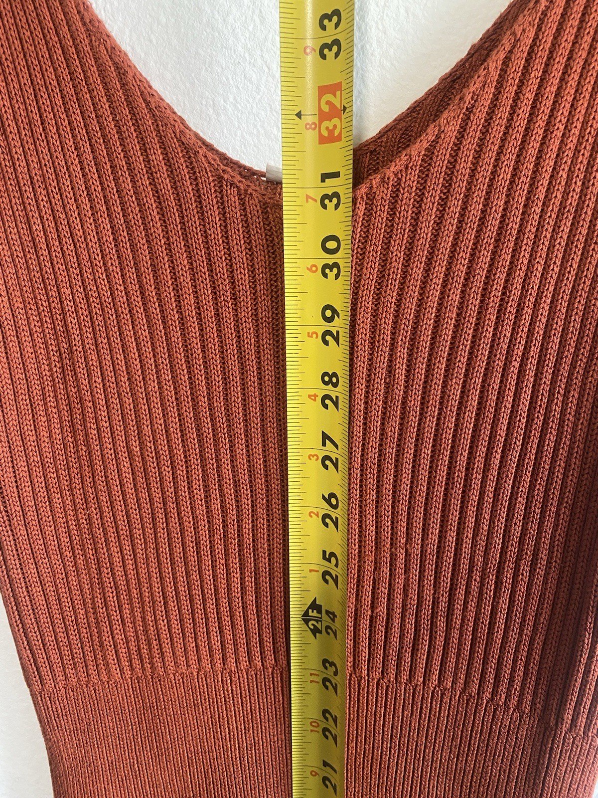Rust Ribbed Knit V-Neck Sleeveless Bodycon Midi Dress Womens L Viscose