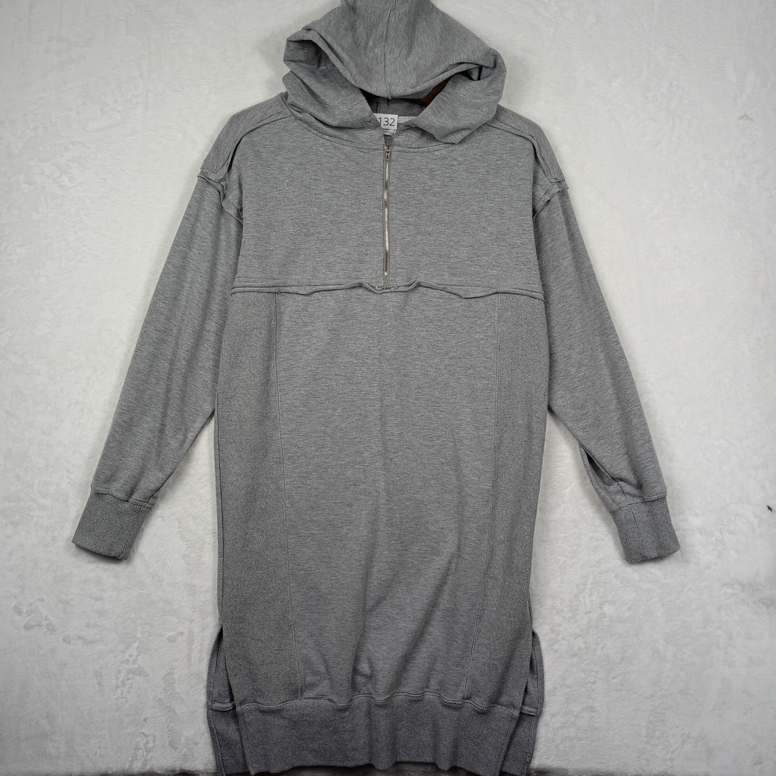 Heather Gray Quarter Zip Longline Hoodie Tunic Dress with Side Slits Size Medium