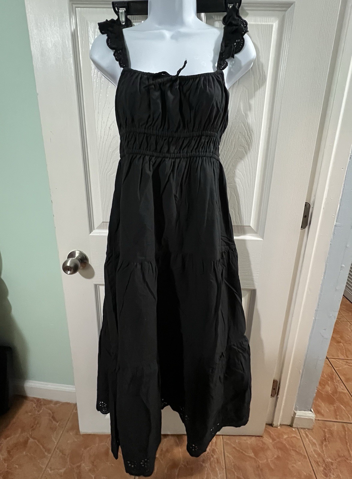 Nordstrom BP 100% Cotton Black Maxi Sundress w Eyelet Hem and Ruffled Straps. S