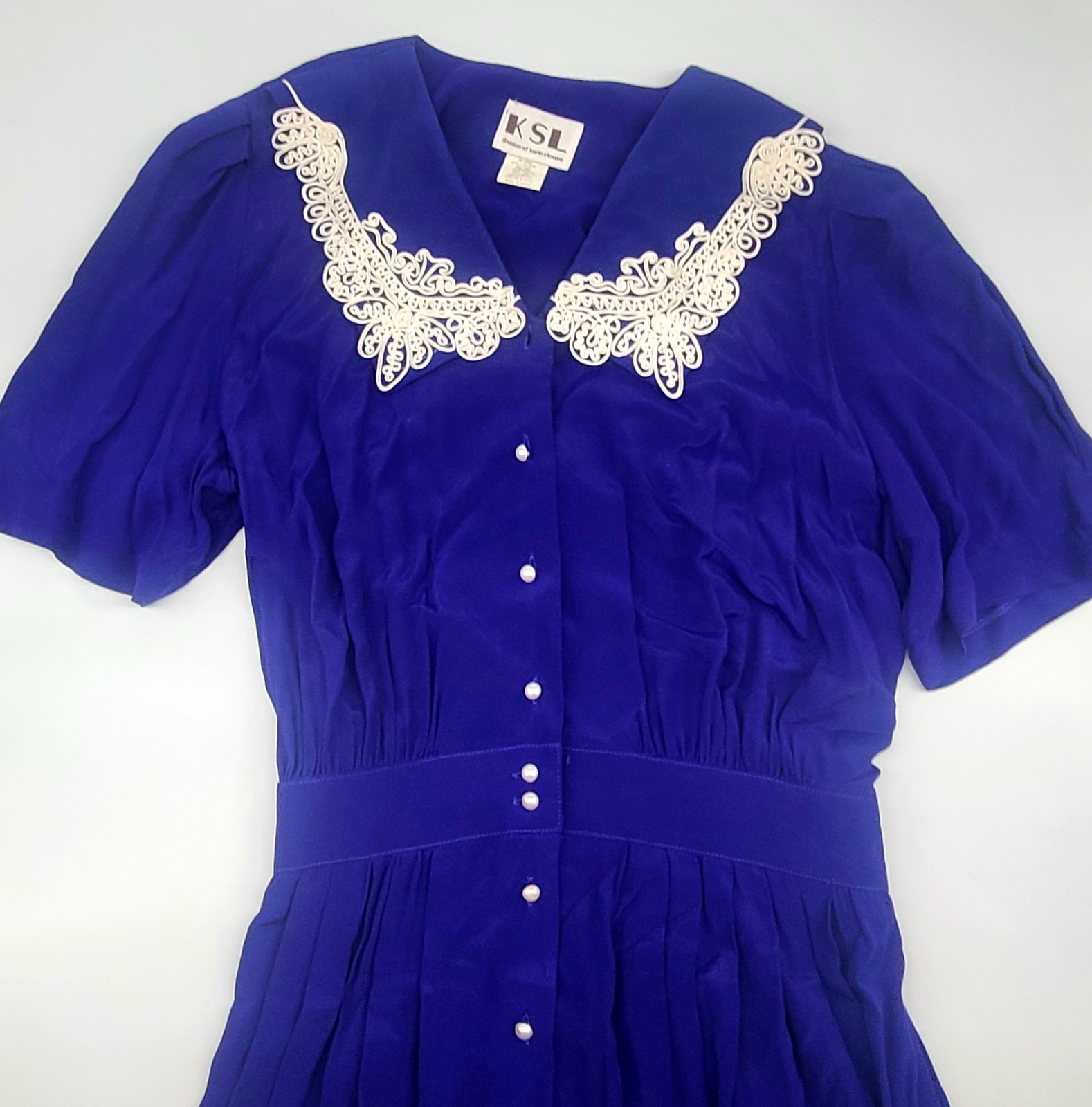 KSL Karin Stevens Purple Midi Dress 16W Lace Collar Pearl Buttons Cottagecore