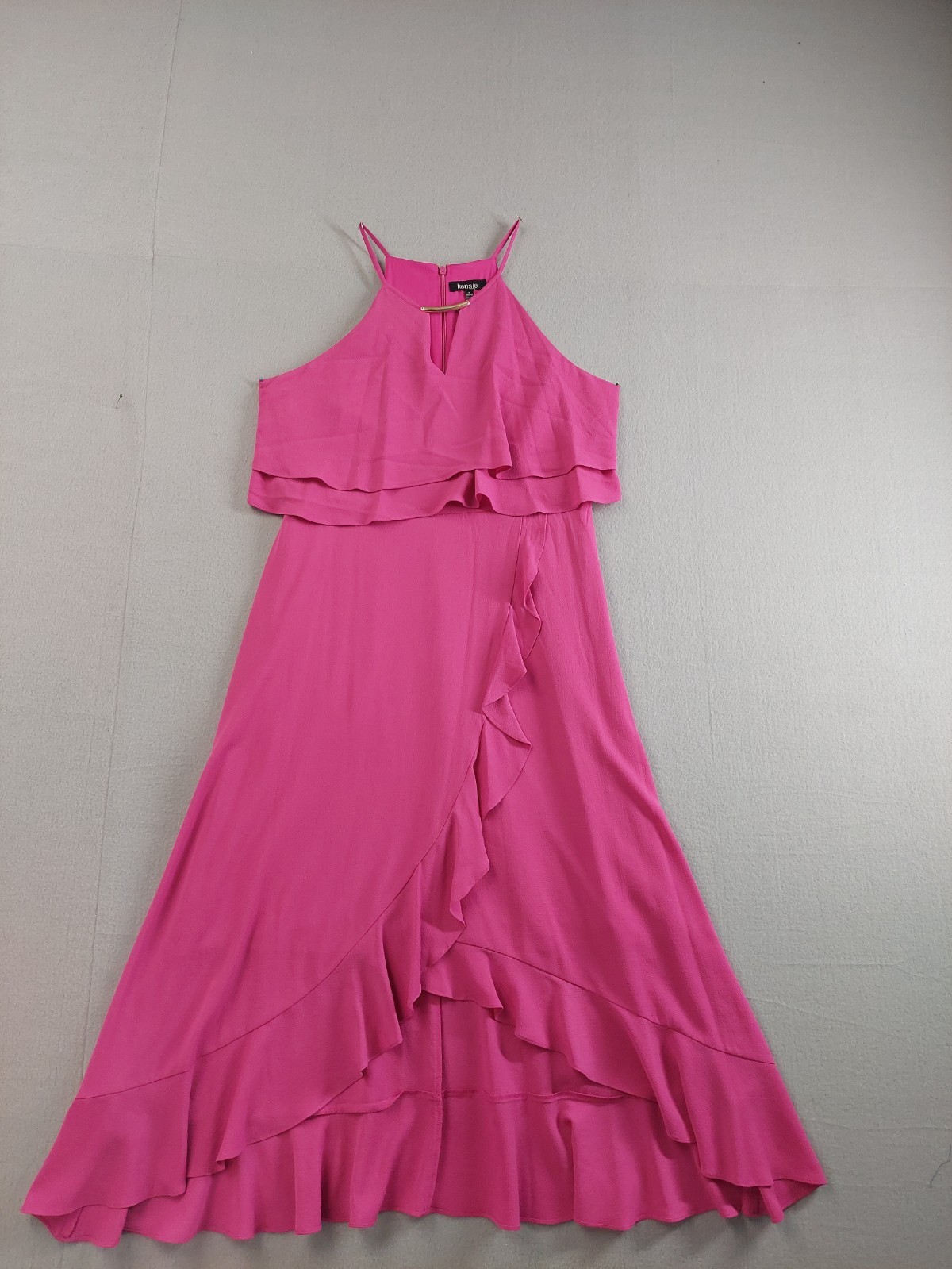 Kensie Women Dress 14 Pink Halter Neck Sleeveless Ruffle Hi Low Hem Cocktail