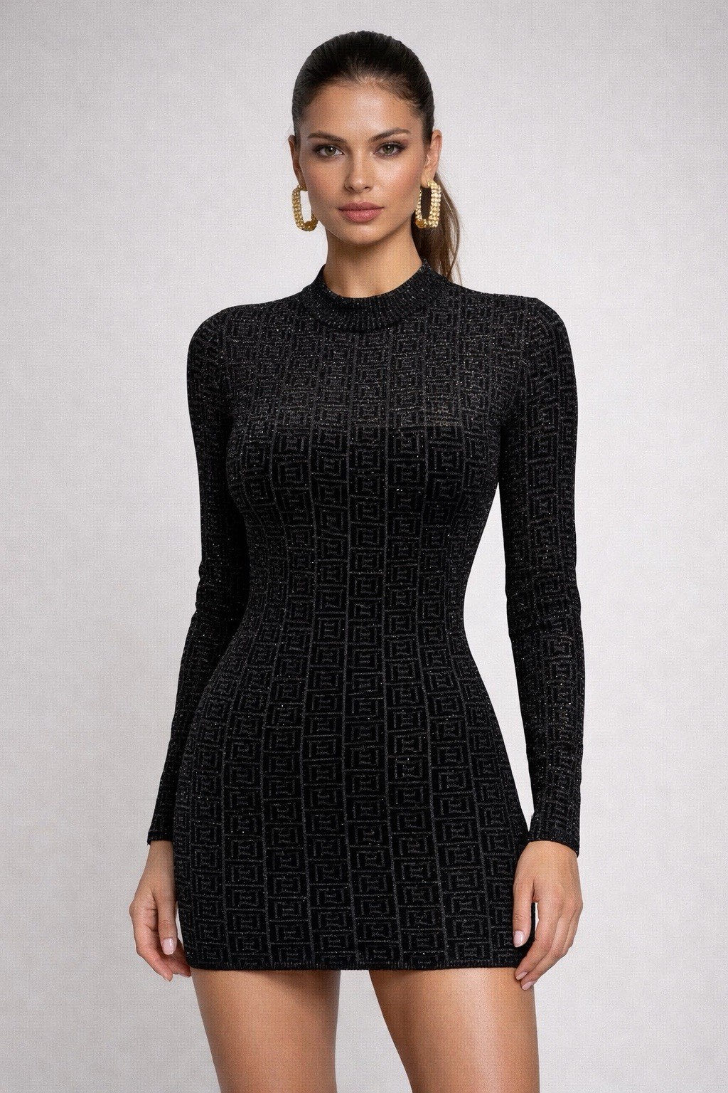 BALMAIN PARIS PB Monogram Knit Mini Dress Black Metallic Mock Neck FR 36 Small