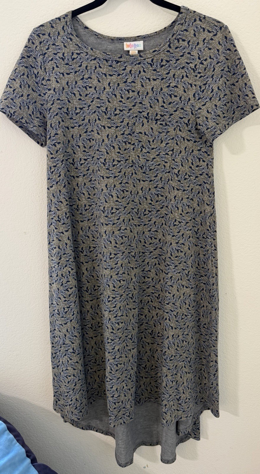 LuLaRoe Women’s XXS Gray Blue Minnie Mouse T-Shirt Dress Cotton Knee Length