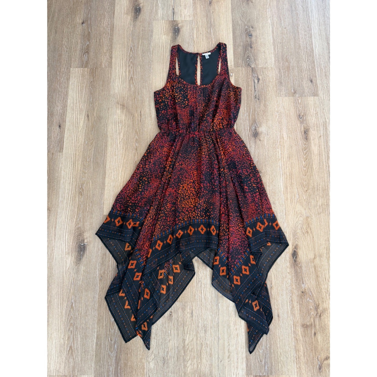 Ecote Handkerchief Hem Dress Womens 8 Red Animal Print Racerback Boho Festival