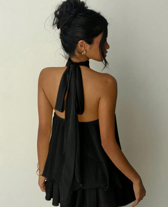 Womens Halter Neck Backless Mini Dress Sleeveless Ruffle Tiered Flowy Sundress
