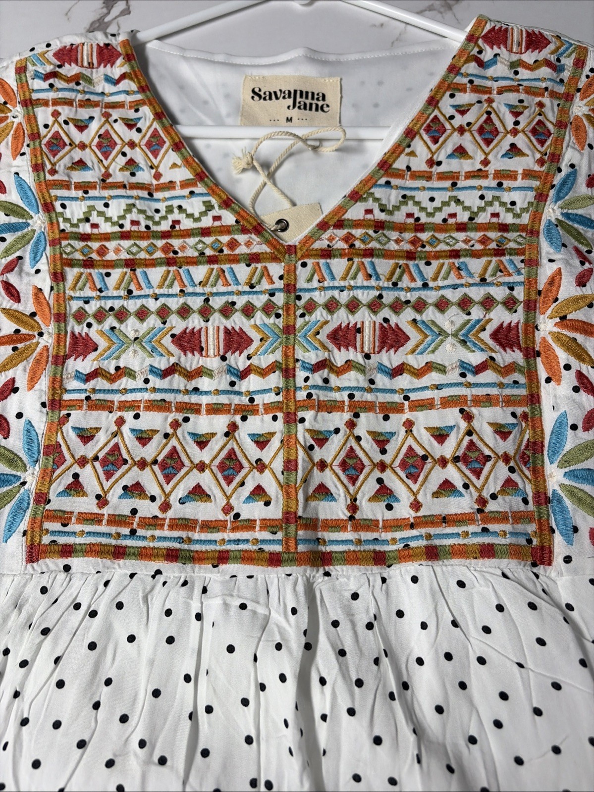 Savanna Jane Embroidered Boho Mini Dress M Polka Dot Festival Peasant Indie NWT