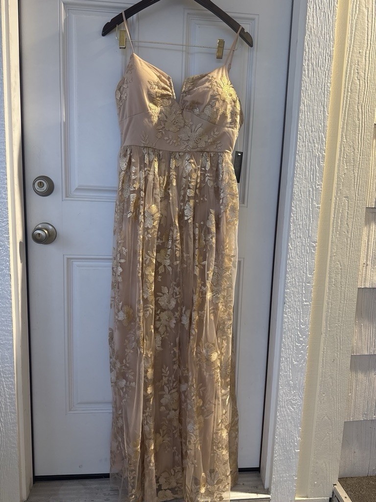 Jump Beige Gold Floral Embroidered Tulle V-Neck Maxi Dress Juniors 7/8