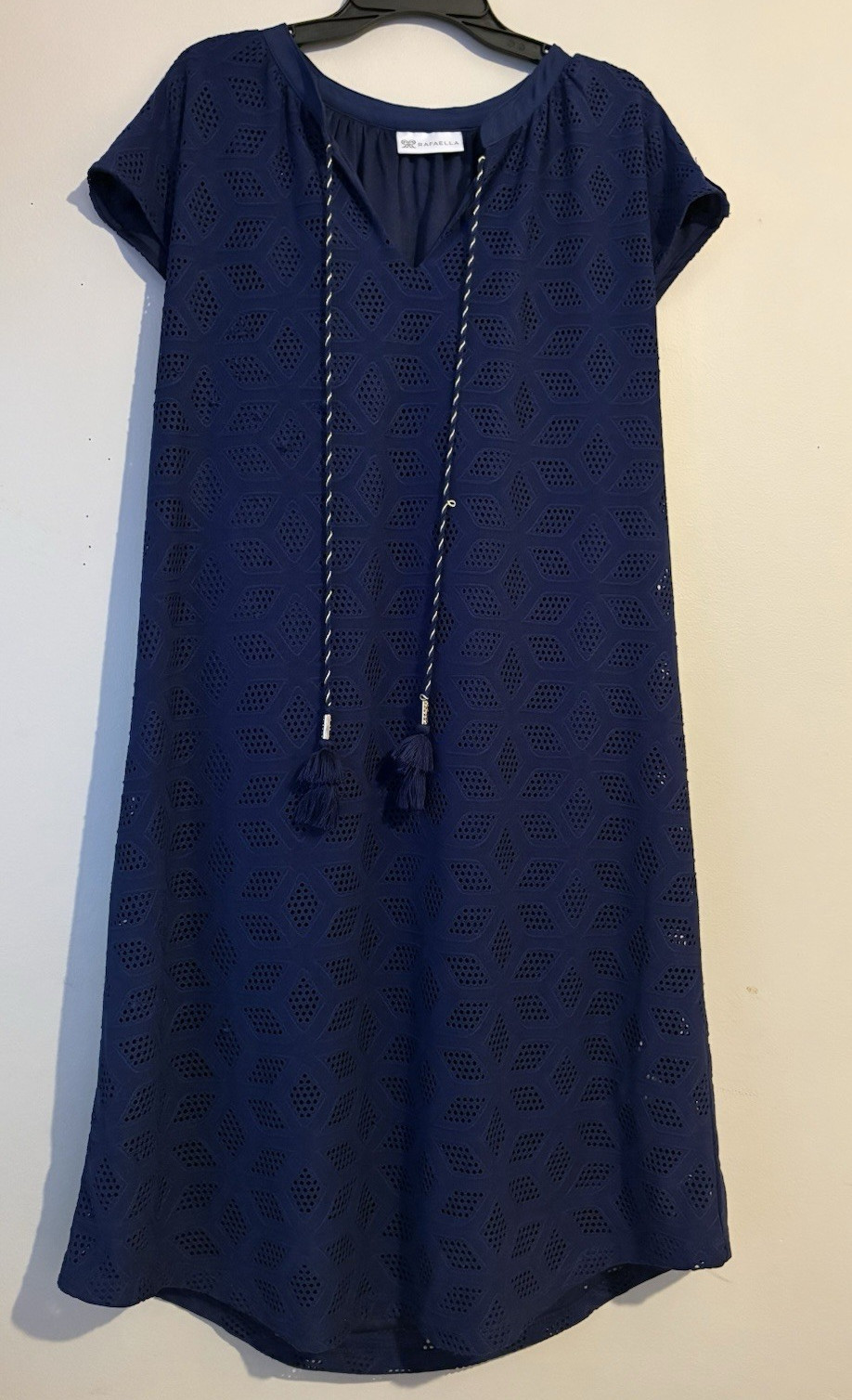 Rafaella Shift Dress Blue Geometric Eyelet V-Neck Tassel Cap Sleeve Knee L