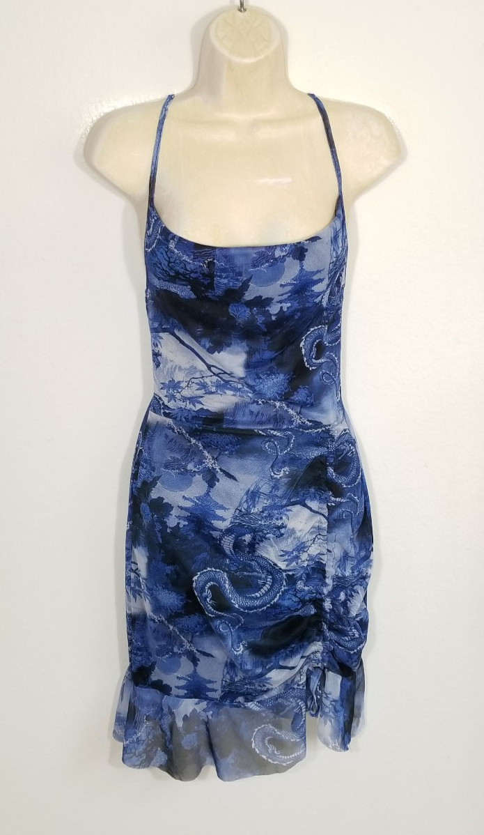 PrettyLittleThing Women Size 6 Blue Bodycon Mini Dress Asian Dragon Mesh Ruffle