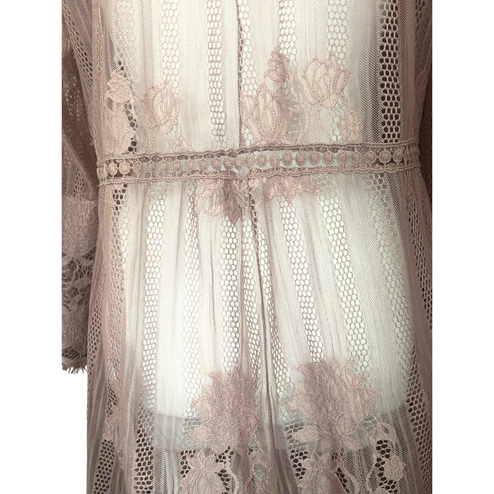 Me & U Sheer Lace Crochet Duster Cover Up Dusty Mauve Sz M Boho Chic Fairycore