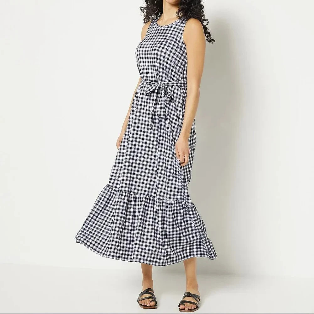 Cuddl Duds Flexwear Scoop-Neck Tiered Maxi Dress -Black Gingham-Large-A471029